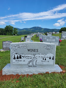 Companion Upright Cemetery Headstone Memorial, Gray Granite Double Grave Marker