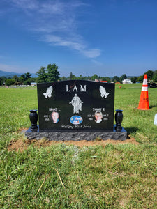 COMPANION JET BLACK UPRIGHT HEADSTONE WITH VASES