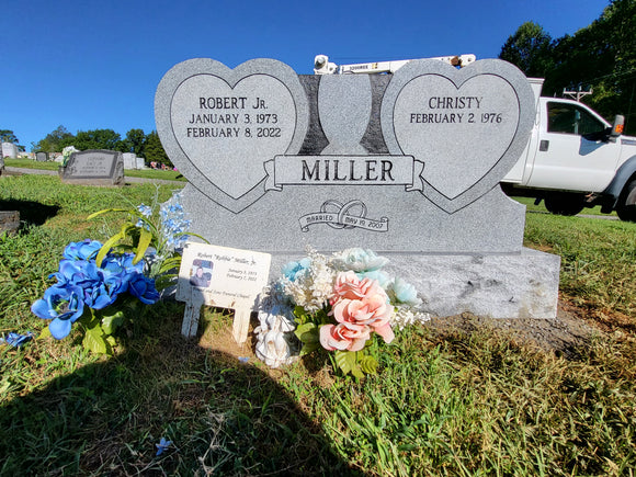 Companion Heart Headstone Memorial, Double Gray Granite Grave Marker