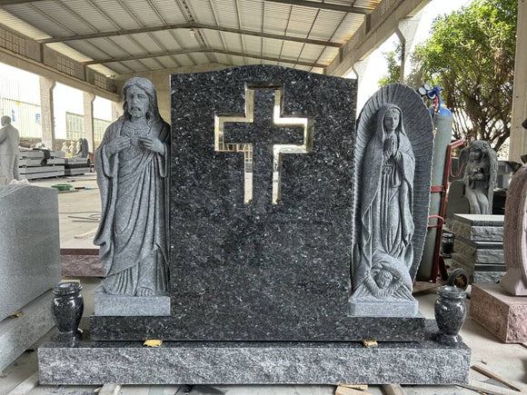 Luxury Blue Peral Companion Headstone Monument with Sculpted Jesus and Virgin Mary