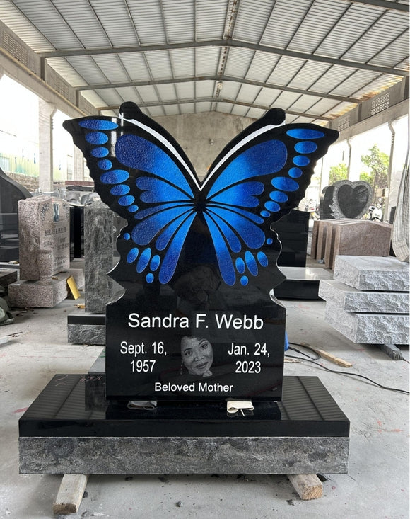 Custom Butterfly Headstone Memorial, Grave Marker, Black Granite